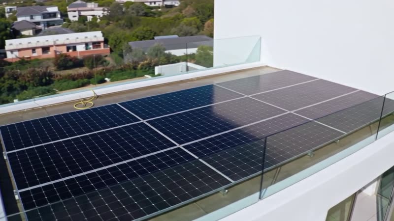 Clean rooftop solar panel array on a flat roof with a glass balustrade