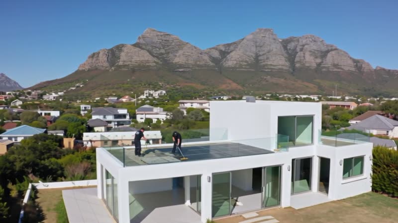 Two cleaners on the flat roof of a white double-storey house washing its solar panels