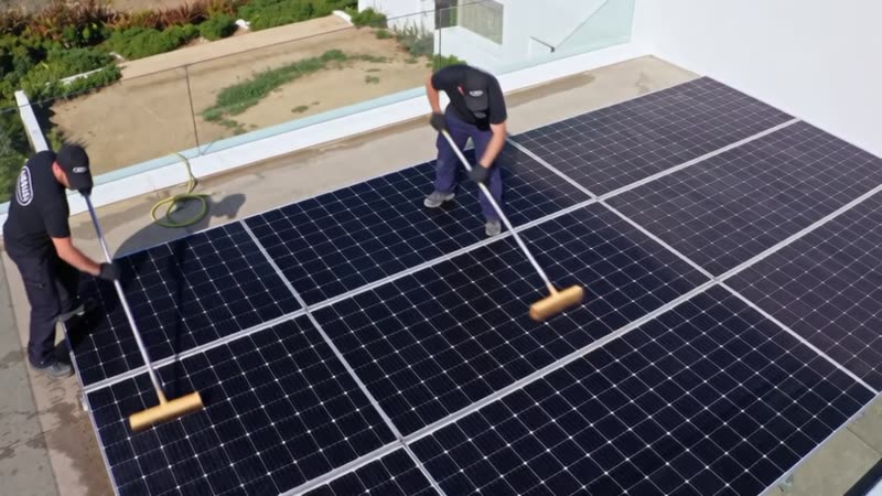 Two cleaners washing rooftop solar panels with soft brushes on long poles